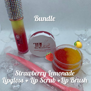(NEW BUNDLE)Strawberry 🍓 Lemonade 🍋 Lip Gloss + Lip Scrub 20G (Flavored) + Lip Brush
